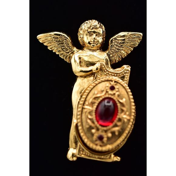 Vatican Library Vintage Angel Cherub Locket Pin Brooch Red Cabochon Signed BinBI - Picture 1 of 12